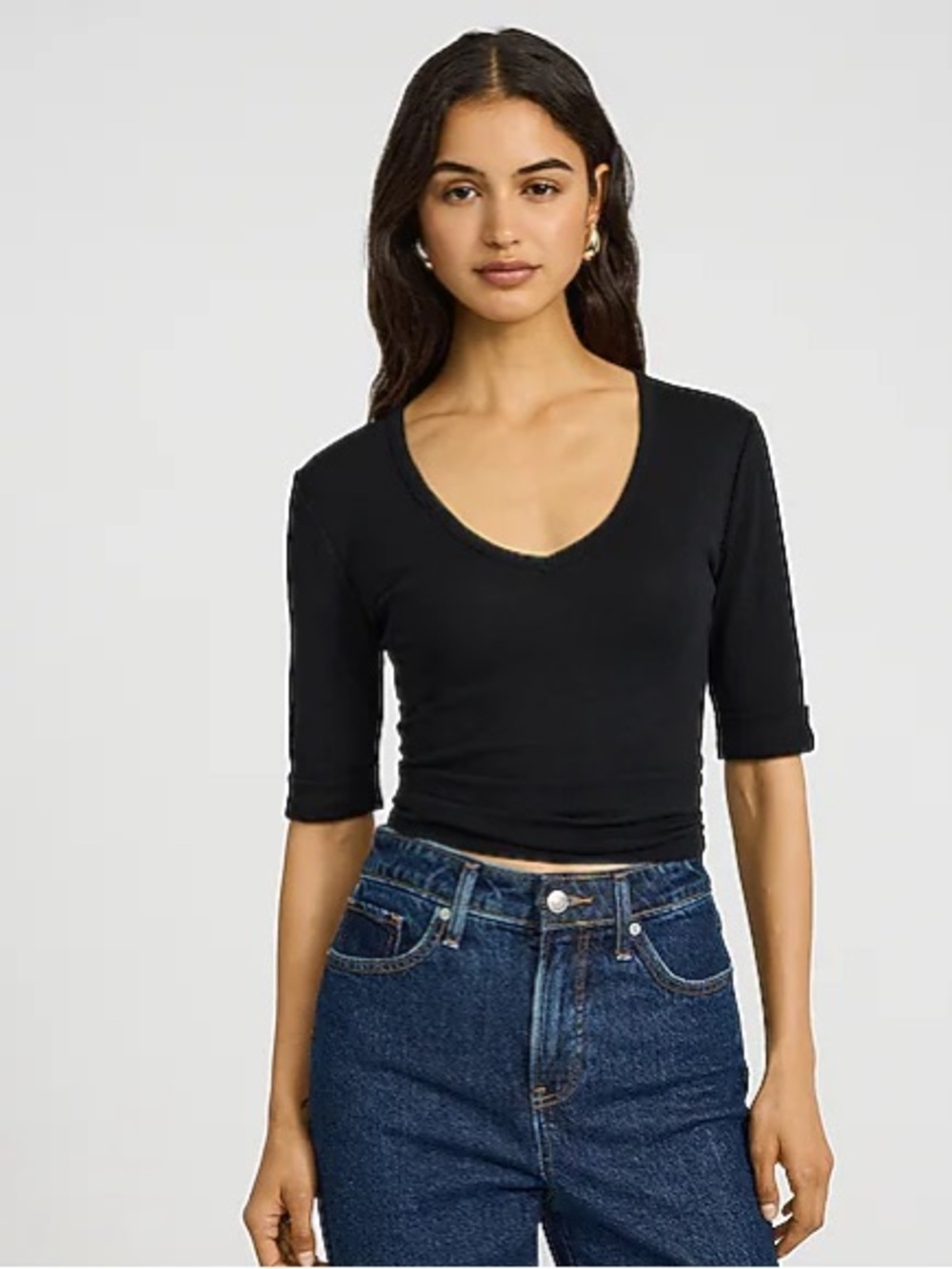 Express Fitted Ribbed V-neck Elbow Sleeve Tee Black S NWT